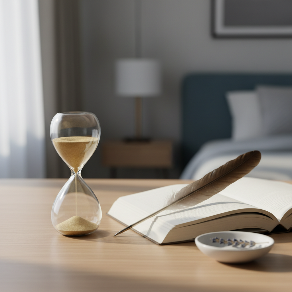 Reloj de arena y una pluma, simbolizando el paso del tiempo y el descanso