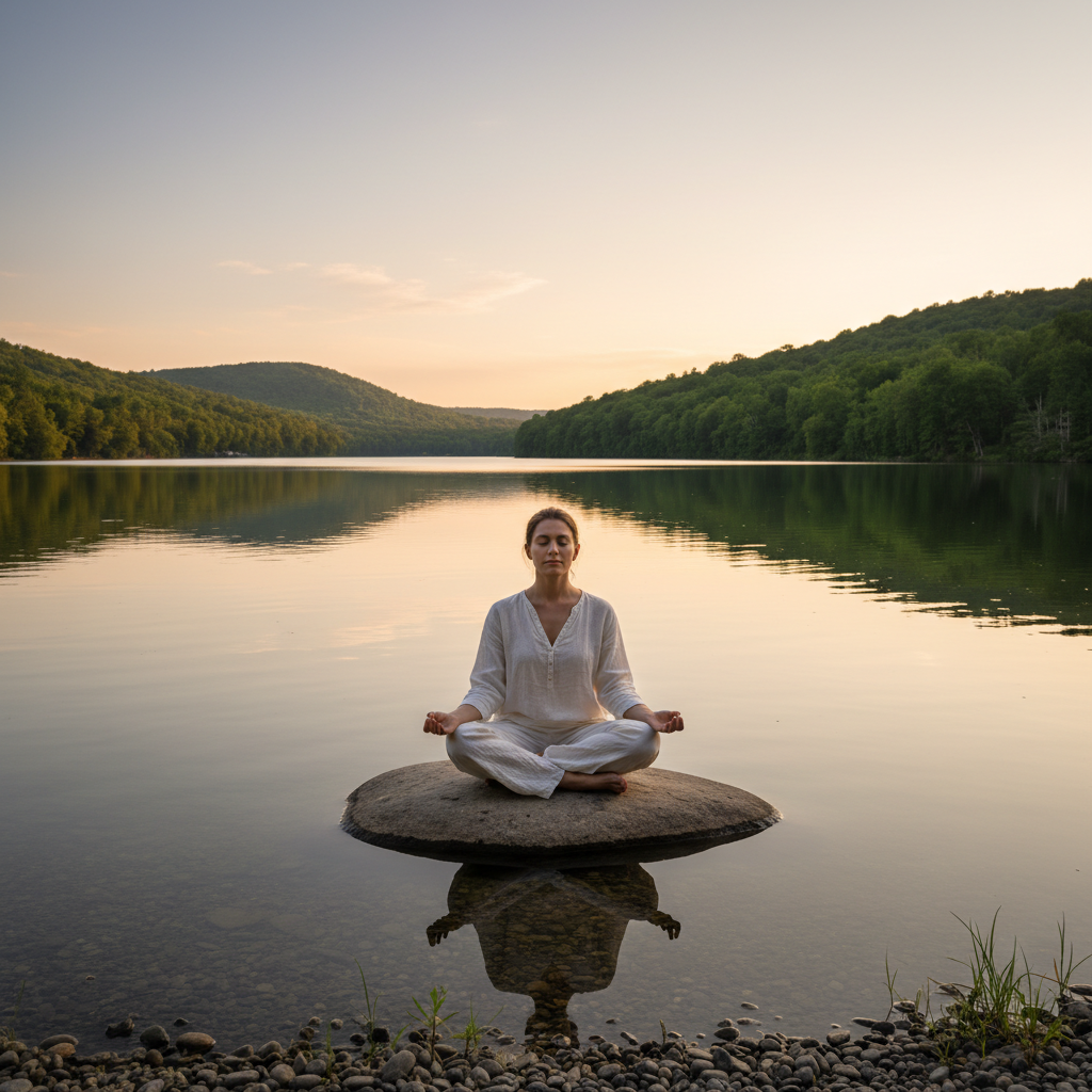 Persona sentada en posición de loto frente a un lago tranquilo