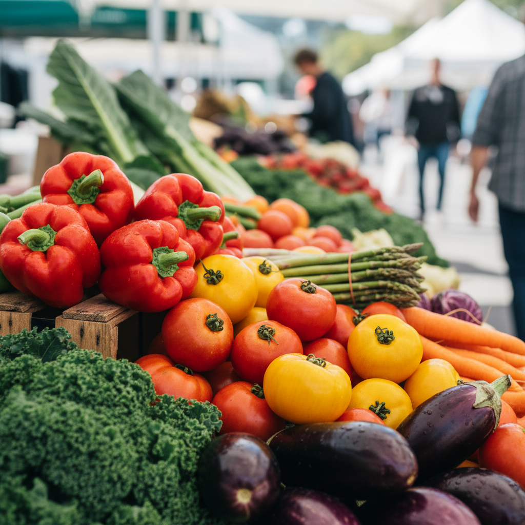 Primer plano de vegetales frescos y coloridos en un mercado local