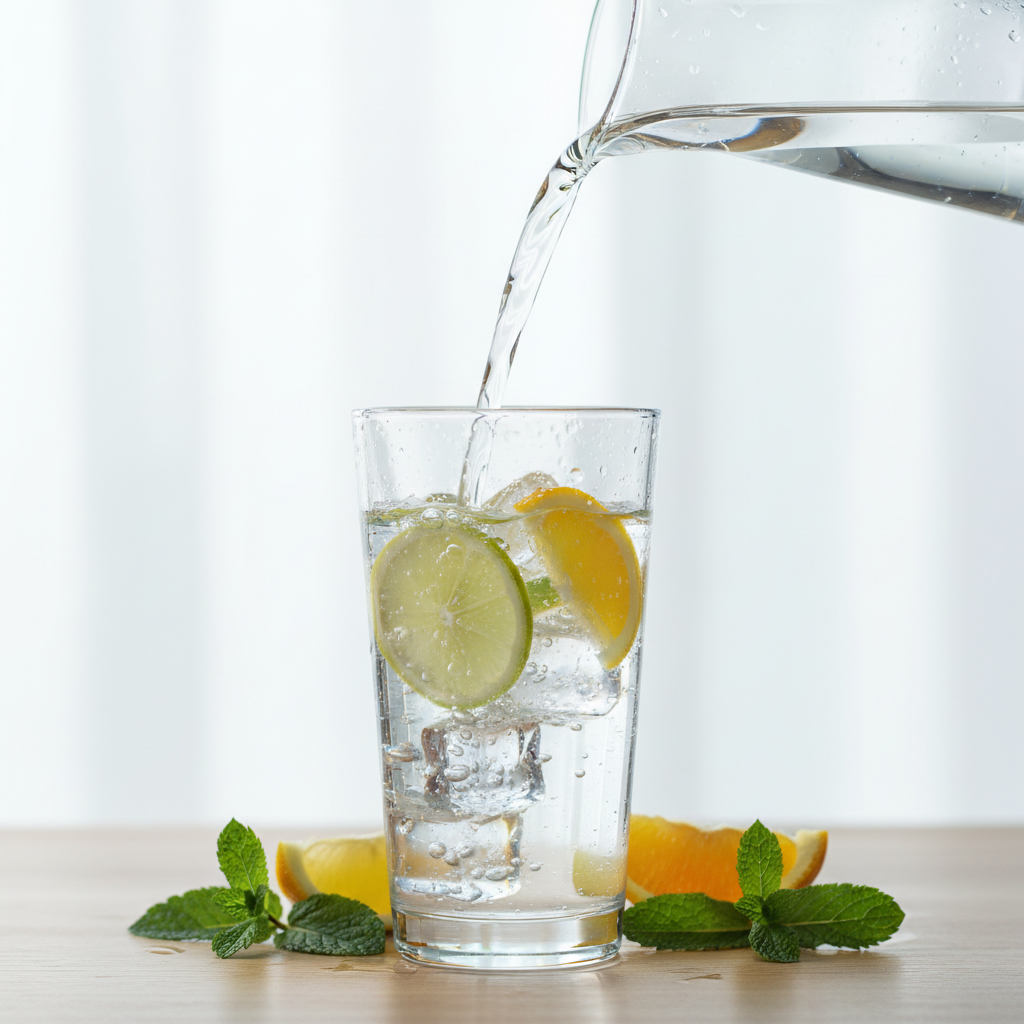 Agua cristalina vertiéndose en un vaso con rodajas de cítricos